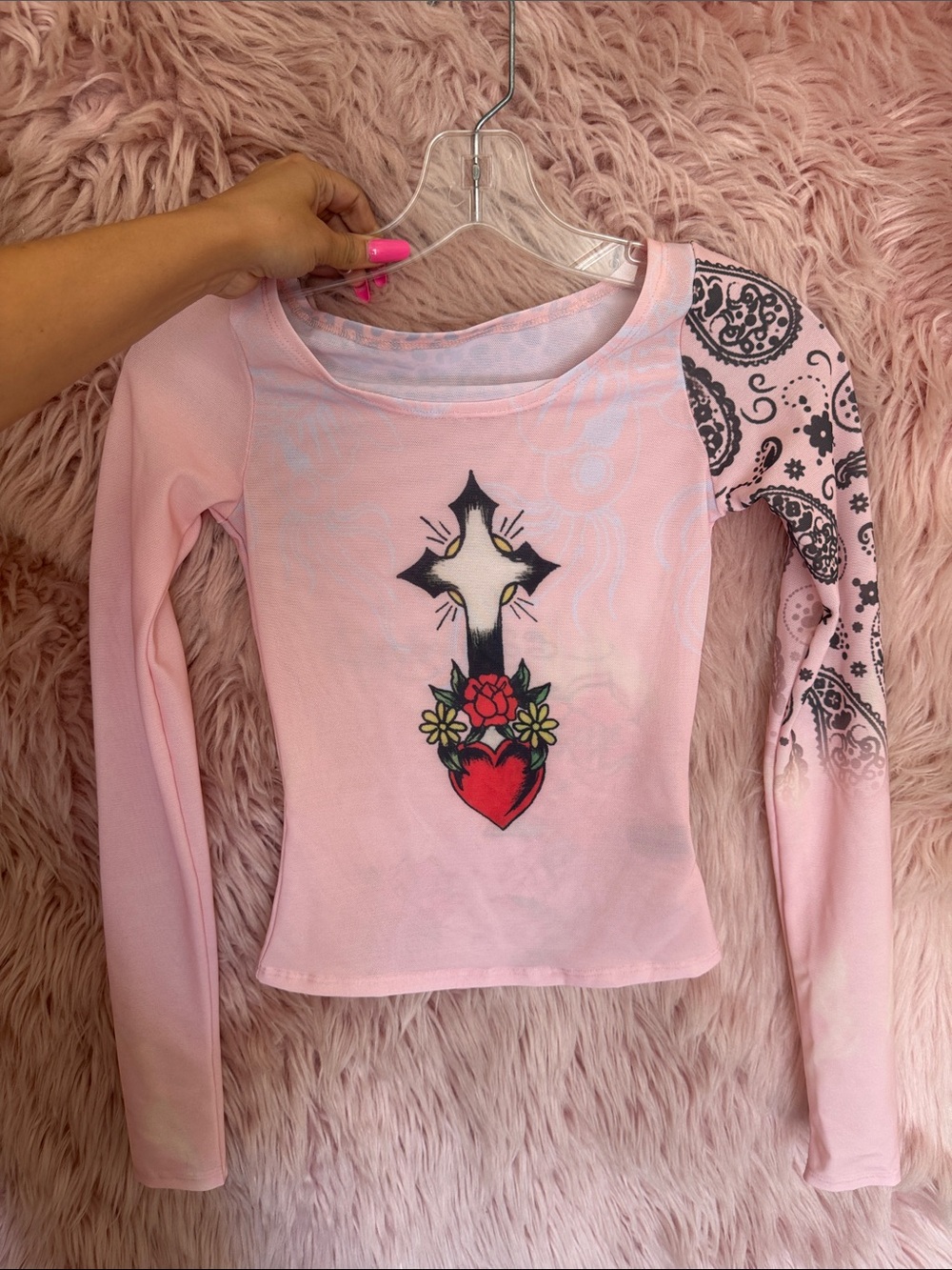 Pink ed hardy sheer Long-Sleeve Graphic Top with Heart & Cross